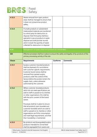 F904a Auditor Checklist & Site Self-Assessment Tool (English) BRCGS Global Standard Food Safety, Issue 9
Version 1 01/08/2022 Page 69 of 117
4.12.3 Waste removal from open product
areas shall be managed to ensure that
it does not compromise product
safety.
4.12.4 If unsafe products or substandard
trademarked materials are transferred
to a third party for destruction or
disposal, that third party shall be a
specialist in secure product or waste
disposal and shall provide records
which include the quantity of waste
collected for destruction or disposal.
4.13 Management of surplus food and products for animal feed
SOI Effective processes shall be in place to ensure the safety and legality of by-products of the
primary processing activity of the site.
Clause Requirements Conforms Comments
4.13.1 Surplus customer-branded products
shall be disposed of in accordance
with customer-specific requirements.
Customer brand names shall be
removed from packed surplus
products under the control of the
factory before the product enters the
supply chain, unless otherwise
authorised by the customer.
4.13.2 Where customer-branded products
which do not meet specifications are
sold to staff or passed on to charities
or other organisations, this shall be
with the prior consent of the brand
owner.
Processes shall be in place to ensure
that all products (own-branded and
customer-branded) which are sold to
staff or passed on to charities or other
organisations are fit for consumption
and meet legal requirements, and that
their traceability is maintained.
4.13.3 By-products and downgraded/surplus
products intended for animal feed
shall be segregated from waste and
 