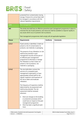 F904a Auditor Checklist & Site Self-Assessment Tool (English) BRCGS Global Standard Food Safety, Issue 9
Version 1 01/08/2022 Page 70 of 117
protected from contamination during
storage. Products for animal feed shall
be managed in accordance with the
relevant legislative requirements.
4.14 Pest management
SOI The whole site shall have an effective preventive pest management programme in place to
minimise the risk of pest presence, and resources shall be available to respond rapidly to
any issues which occur to prevent risk to products.
Pest management programmes shall comply with all applicable legislation.
Clause Requirements Conforms Comments
4.14.1 If pest activity is identified, it shall not
present a risk of contamination to
products, raw materials or packaging.
The presence of any infestation on site
shall be documented in pest
management records and be part of
an effective pest management
programme to eliminate or manage
the infestation so that it does not
present a risk to products, raw
materials or packaging.
4.14.2 The site shall either contract the
services of a competent pest
management organisation or have
appropriately trained staff for the
regular inspection and treatment of
the site to deter and eradicate
infestation.
The frequency of inspections shall be
determined by risk assessment and
shall be documented. The risk
assessment shall be reviewed
whenever:
 there are changes to the building
or production processes which
could have an impact on the pest
management programme
 there has been a significant pest
issue.
 