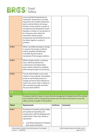 F904a Auditor Checklist & Site Self-Assessment Tool (English) BRCGS Global Standard Food Safety, Issue 9
Version 1 01/08/2022 Page 75 of 117
ensure specified temperatures are
maintained. Temperature recording
equipment with suitable temperature
alarms shall be fitted to all storage
facilities or there shall be a system of
recorded manual temperature checks,
typically on at least a 4-hourly basis or
at a frequency which allows for
intervention before product
temperatures exceed defined limits for
the safety, legality or quality of
products.
4.15.4 Where controlled atmosphere storage
is required, the storage conditions
shall be specified and effectively
controlled. Records shall be
maintained of the storage conditions.
4.15.5 Where storage outside is necessary,
items shall be protected from
contamination and deterioration.
Items shall be checked for suitability
before being brought into the factory.
4.15.6 The site shall facilitate correct stock
rotation of raw materials, intermediate
products and finished products in
storage and ensure that materials are
used in the correct order in relation to
their manufacturing date and within
the prescribed shelf life.
4.16 Dispatch and transport
SOI Procedures shall be in place to ensure that the management of dispatch and of the vehicles
and containers used for transporting products from the site do not present a risk to the
safety, security or quality of the products.
Clause Requirements Conforms Comments
4.16.1 Procedures to maintain product safety
and quality during loading and
transportation shall be developed and
implemented. These may include, as
appropriate:
 controlling temperature of loading
dock areas and vehicles
 