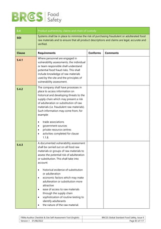F904a Auditor Checklist & Site Self-Assessment Tool (English) BRCGS Global Standard Food Safety, Issue 9
Version 1 01/08/2022 Page 83 of 117
5.4 Product authenticity, claims and chain of custody
SOI
Systems shall be in place to minimise the risk of purchasing fraudulent or adulterated food
raw materials and to ensure that all product descriptions and claims are legal, accurate and
verified.
Clause Requirements Conforms Comments
5.4.1
Where personnel are engaged in
vulnerability assessments, the individual
or team responsible shall understand
potential food fraud risks. This shall
include knowledge of raw materials
used by the site and the principles of
vulnerability assessment.
5.4.2
The company shall have processes in
place to access information on
historical and developing threats to the
supply chain which may present a risk
of adulteration or substitution of raw
materials (i.e. fraudulent raw materials).
Such information may come from, for
example:
 trade associations
 government sources
 private resource centres
 activities completed for clause
1.1.8.
5.4.3
A documented vulnerability assessment
shall be carried out on all food raw
materials or groups of raw materials to
assess the potential risk of adulteration
or substitution. This shall take into
account:
 historical evidence of substitution
or adulteration
 economic factors which may make
adulteration or substitution more
attractive
 ease of access to raw materials
through the supply chain
 sophistication of routine testing to
identify adulterants
 the nature of the raw material.
 
