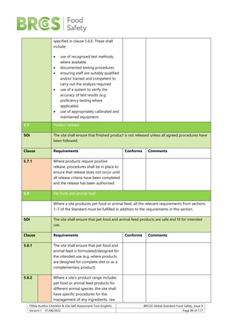 F904a Auditor Checklist & Site Self-Assessment Tool (English) BRCGS Global Standard Food Safety, Issue 9
Version 1 01/08/2022 Page 89 of 117
specified in clause 5.6.6. These shall
include:
 use of recognised test methods,
where available
 documented testing procedures
 ensuring staff are suitably qualified
and/or trained and competent to
carry out the analysis required
 use of a system to verify the
accuracy of test results (e.g.
proficiency testing where
applicable)
 use of appropriately calibrated and
maintained equipment.
5.7 Product release
SOI The site shall ensure that finished product is not released unless all agreed procedures have
been followed.
Clause Requirements Conforms Comments
5.7.1 Where products require positive
release, procedures shall be in place to
ensure that release does not occur until
all release criteria have been completed
and the release has been authorised.
5.8 Pet food and animal feed
Where a site produces pet food or animal feed, all the relevant requirements from sections
1–7 of the Standard must be fulfilled in addition to the requirements in this section.
SOI The site shall ensure that pet food and animal feed products are safe and fit for intended
use.
Clause Requirements Conforms Comments
5.8.1 The site shall ensure that pet food and
animal feed is formulated/designed for
the intended use (e.g. where products
are designed for complete diet or as a
complementary product).
5.8.2 Where a site’s product range includes
pet food or animal feed products for
different animal species, the site shall
have specific procedures for the
management of any ingredients, raw
 