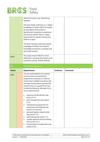 F904a Auditor Checklist & Site Self-Assessment Tool (English) BRCGS Global Standard Food Safety, Issue 9
Version 1 01/08/2022 Page 9 of 117
relevant functions (e.g. engineering,
hygiene).
The team leader shall have an in-depth
knowledge of Codex HACCP principles
(or equivalent) and be able to
demonstrate competence, experience
and training. Where there is a legal
requirement for specific training, this
shall be in place.
The team members shall have specific
knowledge of HACCP and relevant
knowledge of products, processes and
associated hazards.
2.1.2
The scope of each HACCP or food
safety plan, including the products and
processes covered, shall be defined.
2.2 Prerequisite programmes
Clause Requirements Conforms Comments
2.2.1
The site shall establish and maintain
environmental and operational
programmes necessary to create an
environment suitable to produce safe
and legal food products (prerequisite
programmes). As a guide these may
include the following, although this is
not an exhaustive list:
 cleaning and disinfection (see
section 4.11)
 pest management (see section
4.14)
 maintenance programmes for
equipment and buildings (see
sections 4.4 and 4.6)
 personal hygiene requirements
(see section 7.2)
 staff training (see section 7.1)
 supplier approval and purchasing
(see section 3.5.1)
 transportation arrangements (see
section 4.16)
 