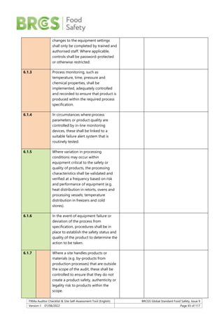 F904a Auditor Checklist & Site Self-Assessment Tool (English) BRCGS Global Standard Food Safety, Issue 9
Version 1 01/08/2022 Page 93 of 117
changes to the equipment settings
shall only be completed by trained and
authorised staff. Where applicable,
controls shall be password-protected
or otherwise restricted.
6.1.3 Process monitoring, such as
temperature, time, pressure and
chemical properties, shall be
implemented, adequately controlled
and recorded to ensure that product is
produced within the required process
specification.
6.1.4 In circumstances where process
parameters or product quality are
controlled by in-line monitoring
devices, these shall be linked to a
suitable failure alert system that is
routinely tested.
6.1.5 Where variation in processing
conditions may occur within
equipment critical to the safety or
quality of products, the processing
characteristics shall be validated and
verified at a frequency based on risk
and performance of equipment (e.g.
heat distribution in retorts, ovens and
processing vessels; temperature
distribution in freezers and cold
stores).
6.1.6 In the event of equipment failure or
deviation of the process from
specification, procedures shall be in
place to establish the safety status and
quality of the product to determine the
action to be taken.
6.1.7 Where a site handles products or
materials (e.g. by-products from
production processes) that are outside
the scope of the audit, these shall be
controlled to ensure that they do not
create a product safety, authenticity or
legality risk to products within the
scope.
 