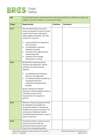 F904a Auditor Checklist & Site Self-Assessment Tool (English) BRCGS Global Standard Food Safety, Issue 9
Version 1 01/08/2022 Page 97 of 117
SOI The site shall be able to demonstrate that measuring equipment is sufficiently accurate and
reliable to provide confidence in measurement results.
Clause Requirements Conforms Comments
6.4.1 The site shall identify and control
measuring equipment used to monitor
critical control points and product
safety, legality and quality. This shall
include, at a minimum:
 a documented list of equipment
and its location
 an identification code and
calibration due date
 prevention from adjustment by
unauthorised staff
 protection from damage,
deterioration or misuse.
6.4.2 All identified measuring devices,
including new equipment, shall be
checked and, where necessary,
adjusted:
 at a predetermined frequency,
based on risk assessment
 to a defined method traceable to a
recognised national or
international standard where
possible.
Results shall be documented.
Equipment shall be readable and be of
a suitable accuracy for the
measurements it is required to
perform.
6.4.3 Reference measuring equipment shall
be calibrated and traceable to a
recognised national or international
standard and records maintained. The
uncertainty of calibration shall be
considered when equipment is used to
assess critical limits.
6.4.4 Procedures shall be in place to record
actions to be taken when the
prescribed measuring devices are
found not to be operating within
 