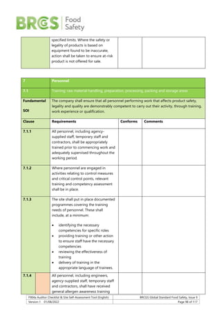 F904a Auditor Checklist & Site Self-Assessment Tool (English) BRCGS Global Standard Food Safety, Issue 9
Version 1 01/08/2022 Page 98 of 117
specified limits. Where the safety or
legality of products is based on
equipment found to be inaccurate,
action shall be taken to ensure at-risk
product is not offered for sale.
7 Personnel
7.1 Training: raw material handling, preparation, processing, packing and storage areas
Fundamental
SOI
The company shall ensure that all personnel performing work that affects product safety,
legality and quality are demonstrably competent to carry out their activity, through training,
work experience or qualification.
Clause Requirements Conforms Comments
7.1.1 All personnel, including agency-
supplied staff, temporary staff and
contractors, shall be appropriately
trained prior to commencing work and
adequately supervised throughout the
working period.
7.1.2 Where personnel are engaged in
activities relating to control measures
and critical control points, relevant
training and competency assessment
shall be in place.
7.1.3 The site shall put in place documented
programmes covering the training
needs of personnel. These shall
include, at a minimum:
 identifying the necessary
competencies for specific roles
 providing training or other action
to ensure staff have the necessary
competencies
 reviewing the effectiveness of
training
 delivery of training in the
appropriate language of trainees.
7.1.4 All personnel, including engineers,
agency-supplied staff, temporary staff
and contractors, shall have received
general allergen awareness training
 