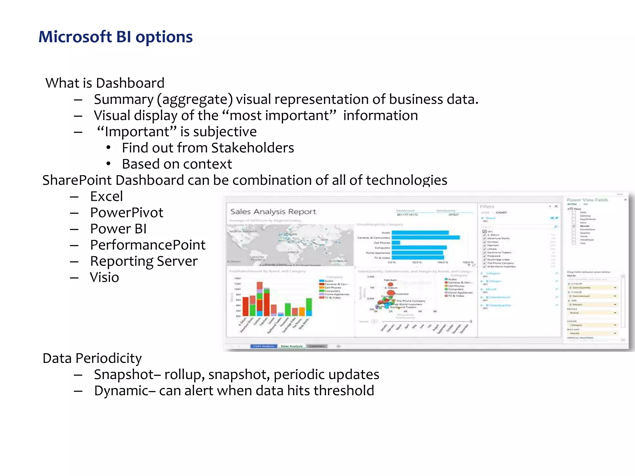 Microsoft BI options
What is Dashboard
– Summary (aggregate) visual representation of business data.
– Visual display of the “most important” information
– “Important” is subjective
• Find out from Stakeholders
• Based on context
SharePoint Dashboard can be combination of all of technologies
– Excel
– PowerPivot
– Power BI
– PerformancePoint
– Reporting Server
– Visio
Data Periodicity
– Snapshot– rollup, snapshot, periodic updates
– Dynamic– can alert when data hits threshold
 