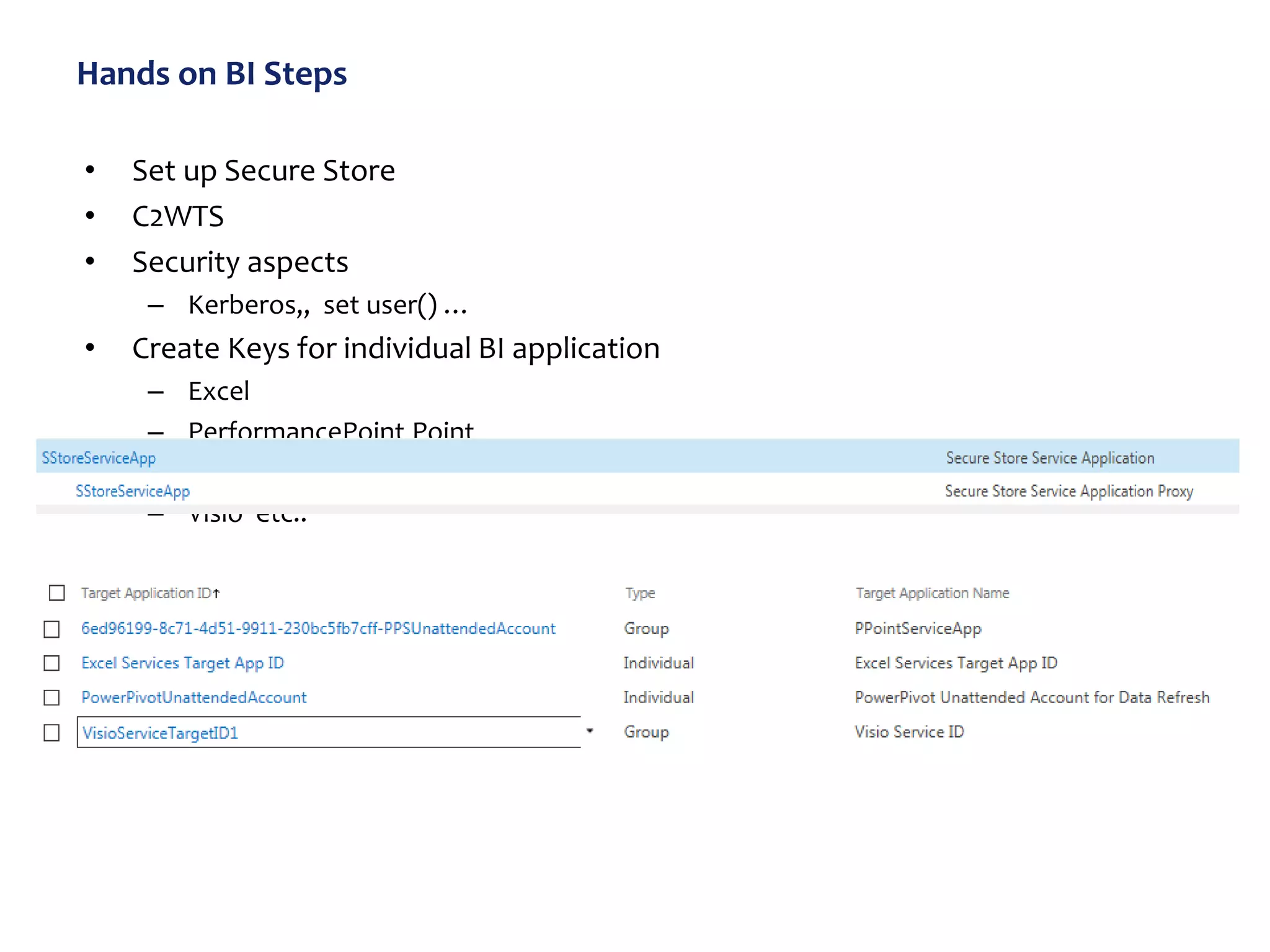 Hands on BI Steps
• Set up Secure Store
• C2WTS
• Security aspects
– Kerberos,, set user() …
• Create Keys for individual BI application
– Excel
– PerformancePoint Point
– PowerPivot
– Visio etc..
 