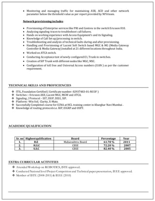  Monitoring and managing traffic for maintaining ASR, ACD and other network
parameter below the threshold value as per report provided by NPAteam.
Networkprovisioningincludes:
 Provisioning of Enterprise services like PRI and Centrex in the switchEricsson 810.
 Analyzing signaling traces to troubleshoot callfailures.
 Hands on working experience with Access Equipment’s and its Signaling.
 Knowledge of Call Set up/processing in switch.
 Troubleshooting and analysis of technicalfaults during and after provisioning.
 Handling and Provisioning of Lucent Soft Switch based MGC & MG (Media Gateway
Controller & Media Gateway)installed at 21 different locations throughout India.
 Worked on ATCA switch.
 Conducting Acceptancetest of newly configured E1,Trunk in switches.
 Creation of SIP Trunk with different nodes like MGC, MSC.
 Configuration of toll free and Universal Access numbers (UAN ) as per the customer
requirement.
TECHNICAL SKILLS AND PROFICIENCIES
 ITIL,Foundation Certified ( Certificate number: 02937483-01-NU3F )
 Switches :- Ericsson AXE,Lucent MGC, MGW and ATCA.
 Signaling / Protocol:- SS7, ISUP, DSS1, SIP.
 Platform:-Win foil, Clarity, X-Mate.
 Successfully Completed course for CCNA at HCL training center in Kharghar Navi Mumbai .
 Knowledge of routing protocolsi.e. RIP,EIGRP and OSPF.
ACADEMIC QUALIFICATION
Sr. no Highestqulification Board Percentage Year
1. B.E Maharashtra Board 61.78 % 2011
2. H.S.C CBSE 72.20 % 2007
3. S.S.C CBSE 82.40 % 2005
EXTRA CURRICULAR ACTIVITIES
 Attended Workshop on ROBOTICS, ISTE approved.
 Conducted National level Project Competition and Technical paper presentation, IEEE approved.
 Member of ISTE (2008-2011) & IEEE (2010)
 