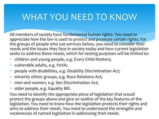 WHAT YOU NEED TO KNOW 
All members of society have fundamental human rights. You need to 
appreciate how the law is used to protect and promote certain rights. For 
the groups of people who use services below, you need to consider their 
needs and the issues they face in society today and how current legislation 
seeks to address these needs, which for testing purposes will be limited to: 
 children and young people, e.g. Every Child Matters; 
 vulnerable adults, e.g. PoVA; 
 people with disabilities, e.g. Disability Discrimination Act; 
 minority ethnic groups, e.g. Race Relations Act; 
 men and women, e.g. Sex Discrimination Act; 
 older people, e.g. Equality Bill. 
You need to identify the appropriate piece of legislation that would 
protect the groups above and give an outline of the key features of the 
legislation. You need to know how the legislation protects their rights and 
aims to address their needs. You need to understand the strengths and 
weaknesses of named legislation in addressing their needs. 
 