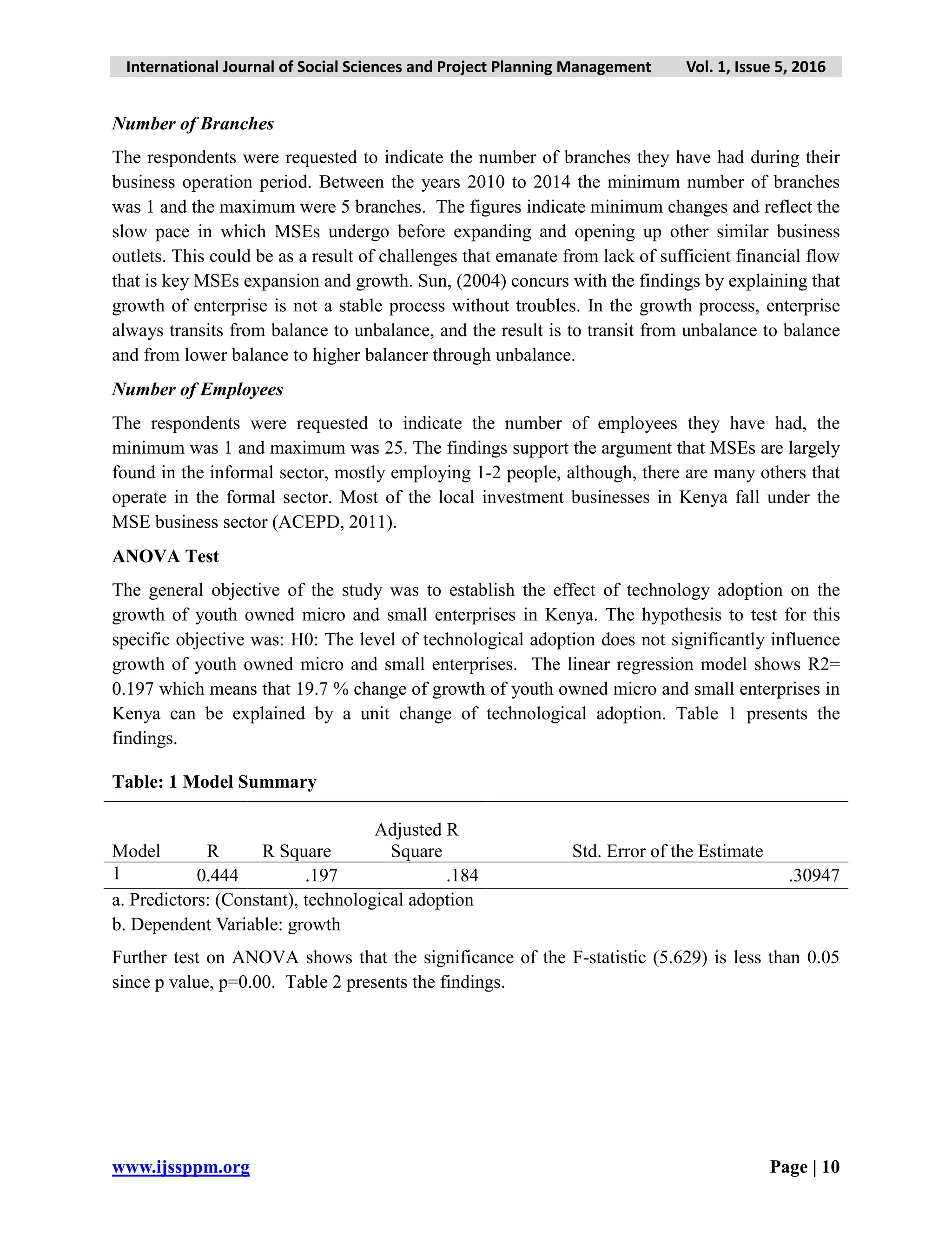International Journal of Social Sciences and Project Planning Management Vol. 1, Issue 5, 2016
www.ijssppm.org Page | 10
Number of Branches
The respondents were requested to indicate the number of branches they have had during their
business operation period. Between the years 2010 to 2014 the minimum number of branches
was 1 and the maximum were 5 branches. The figures indicate minimum changes and reflect the
slow pace in which MSEs undergo before expanding and opening up other similar business
outlets. This could be as a result of challenges that emanate from lack of sufficient financial flow
that is key MSEs expansion and growth. Sun, (2004) concurs with the findings by explaining that
growth of enterprise is not a stable process without troubles. In the growth process, enterprise
always transits from balance to unbalance, and the result is to transit from unbalance to balance
and from lower balance to higher balancer through unbalance.
Number of Employees
The respondents were requested to indicate the number of employees they have had, the
minimum was 1 and maximum was 25. The findings support the argument that MSEs are largely
found in the informal sector, mostly employing 1-2 people, although, there are many others that
operate in the formal sector. Most of the local investment businesses in Kenya fall under the
MSE business sector (ACEPD, 2011).
ANOVA Test
The general objective of the study was to establish the effect of technology adoption on the
growth of youth owned micro and small enterprises in Kenya. The hypothesis to test for this
specific objective was: H0: The level of technological adoption does not significantly influence
growth of youth owned micro and small enterprises. The linear regression model shows R2=
0.197 which means that 19.7 % change of growth of youth owned micro and small enterprises in
Kenya can be explained by a unit change of technological adoption. Table 1 presents the
findings.
Table: 1 Model Summary
Model R R Square
Adjusted R
Square Std. Error of the Estimate
1 0.444 .197 .184 .30947
a. Predictors: (Constant), technological adoption
b. Dependent Variable: growth
Further test on ANOVA shows that the significance of the F-statistic (5.629) is less than 0.05
since p value, p=0.00. Table 2 presents the findings.
 
