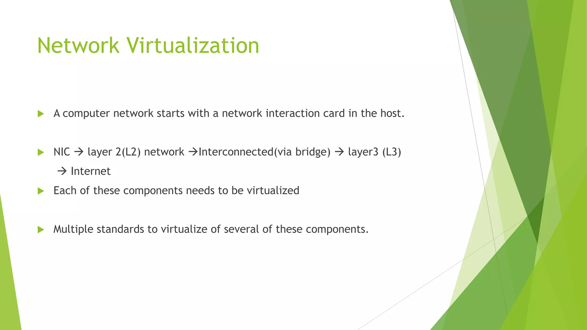 Network Virtualization
 A computer network starts with a network interaction card in the host.
 NIC  layer 2(L2) network Interconnected(via bridge)  layer3 (L3)
 Internet
 Each of these components needs to be virtualized
 Multiple standards to virtualize of several of these components.
 