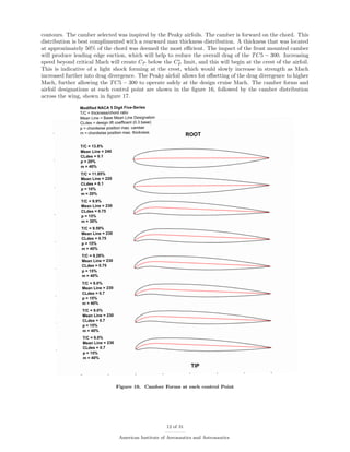 contours. The camber selected was inspired by the Peaky airfoils. The camber is forward on the chord. This
distribution is best complimented with a rearward max thickness distribution. A thickness that was located
at approximately 50% of the chord was deemed the most eﬃcient. The impact of the front mounted camber
will produce leading edge suction, which will help to reduce the overall drag of the TC5 − 300. Increasing
speed beyond critical Mach will create CP below the C∗
P limit, and this will begin at the crest of the airfoil.
This is indicative of a light shock forming at the crest, which would slowly increase in strength as Mach
increased further into drag divergence. The Peaky airfoil allows for oﬀsetting of the drag divergence to higher
Mach, further allowing the TC5 − 300 to operate safely at the design cruise Mach. The camber forms and
airfoil designations at each control point are shown in the ﬁgure 16, followed by the camber distribution
across the wing, shown in ﬁgure 17.
Figure 16. Camber Forms at each control Point
12 of 31
American Institute of Aeronautics and Astronautics
 