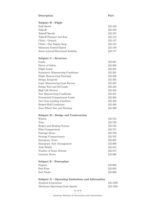 Description Part
Subpart B - Flight
Stall Speed §25.103
Takeoﬀ §25.105
Takeoﬀ Speeds §25.107
Takeoﬀ Distance and Run §25.113
Climb - General §25.117
Climb - One Engine Inop. §25.121
Minimum Control Speed §25.149
Static Lateral-Directional Stability §25.177
Subpart C - Structure
Loads §25.301
Factor of Safety §25.303
Flight Loads §25.321
Symmetric Maneuvering Conditions §25.331
Flight Maneuvering Envelope §25.333
Design Airspeeds §25.335
Limit Maneuvering Load Factors §25.337
Design Fuel and Oil Loads §25.343
High Lift Devices §25.345
Yaw Maneuvering Conditions §25.351
Pressurized Compartment Loads §25.365
One Gear Landing Condition §25.483
Braked Roll Conditions §25.493
Nose Wheel Yaw and Steering §25.499
Subpart D - Design and Construction
Wheels §25.731
Tires §25.733
Brakes and Braking System §25.735
Pilot Compartment §25.771
Fuselage Doors §25.783
Stowage Compartments §25.787
Emergency Exits §25.807
Emergency Exit Arrangement §25.809
Aisle Width §25.815
Number of Seats Abreast §25.817
Lavatory Doors §25.820
Subpart E - Powerplant
Engines §25.903
Fuel Flow §25.955
Fuel Tanks §25.963
Subpart G - Operating Limitations and Information
Airspeed Limitations §25.1503
Maximum Operating Limit Speeds §25.1505
31 of 31
American Institute of Aeronautics and Astronautics
 