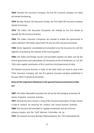 15
1818: Oriental Life Insurance Company, the first life insurance company on Indian
soil started functioning.
1870: Bombay Mutual Life Assurance Society, the first Indian life insurance company
started its business.
1912: The Indian Life Assurance Companies Act enacted as the first statute to
regulate the life insurance business.
1928: The Indian Insurance Companies Act enacted to enable the government to
collect statistical information about both life and non-life insurance businesses.
1938: Earlier legislation consolidated and amended to by the Insurance Act with the
objective of protecting the interests of the insuring public.
1956: 245 Indian and foreign insurers and provident societies are taken over by the
central government and nationalized. LIC formed by an Act of Parliament, viz. LIC Act,
1956, with a capital contribution of Rs.5 crore from the Government of India.
The General insurance business in India, on the other hand, can trace its roots to the
Triton Insurance Company Ltd., the first general insurance company established in
the year 1850 in Calcutta by the British.
Some of the important milestones in the general insurance business in India
are:
1907: The Indian Mercantile Insurance Ltd. set up, the first company to transact all
classes of general insurance business.
1957: General Insurance Council, a wing of the Insurance Association of India, frames
a code of conduct for ensuring fair conduct and sound business practices.
1968: The Insurance Act amended to regulate investments and set minimum
solvency margins and the Tariff Advisory Committee set up.
1972: The General Insurance Business (Nationalization) Act, 1972 nationalized the
 