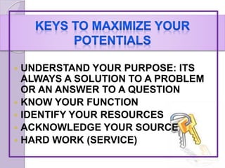  UNDERSTAND YOUR PURPOSE: ITS
ALWAYS A SOLUTION TO A PROBLEM
OR AN ANSWER TO A QUESTION
 KNOW YOUR FUNCTION
 IDENTIFY YOUR RESOURCES
 ACKNOWLEDGE YOUR SOURCE
 HARD WORK (SERVICE)
 
