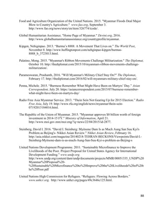 88
Food and Agriculture Organization of the United Nations. 2015. "Myanmar Floods Deal Major
Blow to Country's Agriculture." www.fao.org, September 3.
http://www.fao.org/news/story/en/item/326774/icode/.
Global Humanitarian Assistance. "Home Page of Myanmar." Devint.org, 2016.
http://www.globalhumanitarianassistance.org/countryprofile/myanmar.
Kipgen, Nehiginpao. 2013. “Burma’s 8888: A Movement That Lives on.” The World Post,
November 8. http://www.huffingtonpost.com/nehginpao-kipgen/burmas-
8888_b_3723013.html.
Palatino, Mong. 2015. "Myanmar's Ribbon Movements Challenge Militarization." The Diplomat,
October 10. http://thediplomat.com/2015/10/myanmars-ribbon-movements-challenge-
militarization/.
Parameswaran, Prashanth, 2016. "Will Myanmar's Military Chief Stay On?" The Diplomat,
February 17. http://thediplomat.com/2016/02/will-myanmars-military-chief-stay-on/.
Penna, Michele. 2015. “Burmese Remember What Might Have Been on Martyrs’ Day.” Asian
Correspondent, July 20. https://asiancorrespondent.com/2015/07/burmese-remember-
what-might-have-been-on-martyrs-day/
Radio Free Asia Myanmar Service. 2013. “Thein Sein Not Gearing Up for 2015 Election.” Radio
Free Asia, July 19. http://www.rfa.org/english/news/myanmar/thein-sein-
07192013184016.html.
The Republic of the Union of Myanmar. 2015. "Myanmar approves $8 billion worth of foreign
investment in 2014-15 FY." Ministry of Information, April 21.
http://www.moi.gov.mm/moi:eng/?q=news/22/04/2015/id-2877.
Steinberg, David I. 2016. "David I. Steinberg: Myitsone Dam Is as Much Aung San Suu Kyi's
Problem as Beijing's- Nikkei Asian Review." Nikkei Asian Review, February 16.
http://asia.nikkei.com/magazine/20140218-TEHRAN-BECKONS/Viewpoints/David-I.-
Steinberg-Myitsone-dam-is-as-much-Aung-San-Suu-Kyi-s-problem-as-Beijing-s
United Nations Development Programme. 2011. “Sustainable Microfinance to Improve the
Livelihoods of the Poor. Project Proposal for United States Agency for International
Development Funding.” www.undp.org.
http://www.undp.org/content/dam/undp/documents/projects/MMR/00051335_UNDP%20
Myanmar%20Proposal%20-
%20Sustainable%20Microfinance%20to%20Improve%20the%20Livelihoods%20of%20t
he%20Poor.pdf
United Nations High Commission for Refugees. “Refugees: Flowing Across Borders.”
www.unhcr.org. http://www.unhcr.org/pages/49c3646c125.html.
 