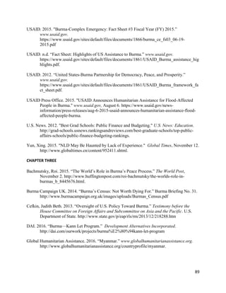 89
USAID. 2015. "Burma-Complex Emergency: Fact Sheet #3 Fiscal Year (FY) 2015.”
www.usaid.gov.
https://www.usaid.gov/sites/default/files/documents/1866/burma_ce_fs03_06-19-
2015.pdf
USAID. n.d. “Fact Sheet: Highlights of US Assistance to Burma.” www.usaid.gov.
https://www.usaid.gov/sites/default/files/documents/1861/USAID_Burma_assistance_hig
hlights.pdf.
USAID. 2012. “United States-Burma Partnership for Democracy, Peace, and Prosperity.”
www.usaid.gov.
https://www.usaid.gov/sites/default/files/documents/1861/USAID_Burma_framework_fa
ct_sheet.pdf.
USAID Press Office. 2015. "USAID Announces Humanitarian Assistance for Flood-Affected
People in Burma." www.usaid.gov, August 6. https://www.usaid.gov/news-
information/press-releases/aug-6-2015-usaid-announces-humanitarian-assistance-flood-
affected-people-burma.
U.S. News. 2012. "Best Grad Schools: Public Finance and Budgeting." U.S. News: Education.
http://grad-schools.usnews.rankingsandreviews.com/best-graduate-schools/top-public-
affairs-schools/public-finance-budgeting-rankings.
Yun, Xing. 2015. "NLD May Be Haunted by Lack of Experience." Global Times, November 12.
http://www.globaltimes.cn/content/952411.shtml.
CHAPTER THREE
Bachmutsky, Roi. 2015. “The World’s Role in Burma’s Peace Process.” The World Post,
November 2. http://www.huffingtonpost.com/roi-bachmutsky/the-worlds-role-in-
burmas_b_8445676.html.
Burma Campaign UK. 2014. “Burma’s Census: Not Worth Dying For.” Burma Briefing No. 31.
http://www.burmacampaign.org.uk/images/uploads/Burmas_Census.pdf
Cefkin, Judith Beth. 2013. “Oversight of U.S. Policy Toward Burma.” Testimony before the
House Committee on Foreign Affairs and Subcommittee on Asia and the Pacific. U.S.
Department of State. http://www.state.gov/p/eap/rls/rm/2013/12/218288.htm
DAI. 2016. “Burma—Kann Let Program.” Development Alternatives Incorporated.
http://dai.com/ourwork/projects/burma%E2%80%94kann-let-program
Global Humanitarian Assistance. 2016. “Myanmar.” www.globalhumanitarianassistance.org.
http://www.globalhumanitarianassistance.org/countryprofile/myanmar.
 