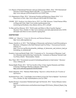 93
U.S. Bureau of International Narcotics and Law Enforcement Affairs. 2014. “2014 International
Narcotics Control Strategy Report (INCSR).” U.S. Department of State.
http://www.state.gov/j/inl/rls/nrcrpt/2014/vol1/222857.htm.
U.S. Department of State. 2014. “Advancing Freedom and Democracy Report 2014.” U.S.
Department of State. http://www.state.gov/j/drl/rls/afdr/2014/index.htm.
UNODC. 2015. Southeast Asia Opium Survey 2015: Lao PDR, Myanmar. United Nations Office
on Drugs and Crime. https://www.unodc.org/documents/crop-
monitoring/sea/Southeast_Asia_Opium_Survey_2015_web.pdf
Ye Mon and Guy Dinmore. 2015. “NLD Leader and Others to Miss Ceasefire Signing.”
Myanmar Times, October 12. http://www.mmtimes.com/index.php/national-news/16938-
nld-leader-and-others-to-miss-ceasefire-signing.html.
CHAPTER FOUR
CDNH. n.d. “About Us.” Center for Diversity and National Harmony.
http://www.cdnh.org/about-us/
Franco, Jennifer et. al. 2015. “The Challenge of Democratic and Inclusive Land Policymaking in
Myanmar: A Response to the Draft National Land Use Policy.” Transnational Institute,
February 16.
https://www.tni.org/files/download/the_challenge_of_democratic_and_inclusive_land_po
licymaking_in_myanmar.pdf
Goodwin, Laura and Rachel Night. 2014. “Comments on To: Government of Myanmar, Land
Use Allocation and Scrutinizing Committee Re: Comments on Myanmar National Land
Use Policy (Draft).” Memorandum. Namati.
Htoo Thant. 2015. “Government accused of misleading parliament on land returns.” Myanmar
Times, February 20.
Human Rights Watch. 2013. “All You Can Do is Pray: Crimes Against Humanity and Ethnic
Cleansing of Rohingya Muslims in Burma's Arakan State.”
http://www.refworld.org/docid/518230524.html
Ismail, Benjamin. 2012. “Burmese Media Spring.” Reporters without Borders for Freedom of
Information.
Kachinland News. 2013. “Land Rights Activist Bawk Ja Goes On Trial in Hpakant” Kachinland
News, October 20. http://kachinlandnews.com/?p=23865
Kachin Women’s Association Thailand and Legal Aid Network. 2016. “Justice Delayed, Justice
Denied”
http://www.kachinwomen.com/kachinwomen/images/2016/Justice_Delayed_Report_Eng
.pdf
 