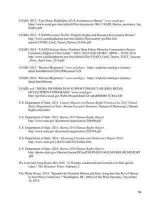 96
USAID. 2012. “Fact Sheet: Highlights of US Assistance to Burma.” www.usaid.gov.
https://www.usaid.gov/sites/default/files/documents/1861/USAID_Burma_assistance_hig
hlights.pdf.
USAID. 2013. “USAID Country Profile: Property Rights and Resource Governance Burma.”
http://www.usaidlandtenure.net/sites/default/files/country-profiles/full-
reports/USAID_Land_Tenure_Burma_Profile.pdf
USAID. 2014. “USAID Success Story: Northern Shan Ethnic Minority Communities Secure
Customary Rights to Their Lands.” TGCC SUCCESS STORY, APRIL – JUNE 2014.
http://www.usaidlandtenure.net/sites/default/files/USAID_Land_Tenure_TGCC_Success
_Story_April-June_2014.pdf
USAID. 2015. “Burma (Myanmar).” www.usaid.gov. https://explorer.usaid.gov/country-
detail.html#Burma%20%28Myanmar%29
USAID. 2016. “Burma (Myanmar).” www.usaid.gov. https://explorer.usaid.gov/country-
detail.html#Burma.
USAID. n.d. “MEDIA INFORMATION SUPPORT PROJECT (BURMA MEDIA
DEVELOPMENT PROGRAM).” www.usaid.gov.
http://portfolio.usaid.gov/PublicProjectDetail?id=a0cd00000013CXbAAM
U.S. Department of State. 2011. Country Reports on Human Rights Practices for 2011 United
States Department of State: Burma Executive Summary. Bureau of Democracy, Human
Rights and Labor.
U.S. Department of State. 2012. Burma 2012 Human Rights Report.
http://www.state.gov/documents/organization/204400.pdf.
U.S. Department of State. 2013. Burma 2013 Human Rights Report.
http://www.state.gov/documents/organization/220394.pdf
U.S. Department of State. 2014. Advancing Freedom and Democracy Report 2014.
http://www.state.gov/j/drl/rls/afdr/2014/index.htm.
U.S. Department of State. 2014. Burma 2014 Human Rights Report.
http://photos.state.gov/libraries/burma/895/pdf/BURMA2014HUMANRIGHTSREPORT
.pdf.
Wa Lone and Aung Kyaw Min 2016. “U Wirathu condemned and warned over hate speech
video.” The Myanmar Times, February 2.
The White House. 2014. “Remarks by President Obama and Daw Aung San Suu Kyi of Burma
in Joint Press Conference.” Washington, DC: Office of the Press Secretary. November
14, 2014.
 