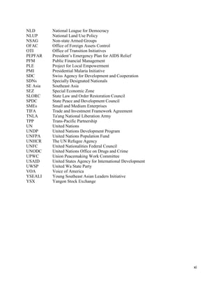 xi
NLD National League for Democracy
NLUP National Land Use Policy
NSAG Non-state Armed Groups
OFAC Office of Foreign Assets Control
OTI Office of Transition Initiatives
PEPFAR President’s Emergency Plan for AIDS Relief
PFM Public Financial Management
PLE Project for Local Empowerment
PMI Presidential Malaria Initiative
SDC Swiss Agency for Development and Cooperation
SDNs Specially Designated Nationals
SE Asia Southeast Asia
SEZ Special Economic Zone
SLORC State Law and Order Restoration Council
SPDC State Peace and Development Council
SMEs Small and Medium Enterprises
TIFA Trade and Investment Framework Agreement
TNLA Ta'ang National Liberation Army
TPP Trans-Pacific Partnership
UN United Nations
UNDP United Nations Development Program
UNFPA United Nations Population Fund
UNHCR The UN Refugee Agency
UNFC United Nationalities Federal Council
UNODC United Nations Office on Drugs and Crime
UPWC Union Peacemaking Work Committee
USAID United States Agency for International Development
UWSP United Wa State Party
VOA Voice of America
YSEALI Young Southeast Asian Leaders Initiative
YSX Yangon Stock Exchange
 