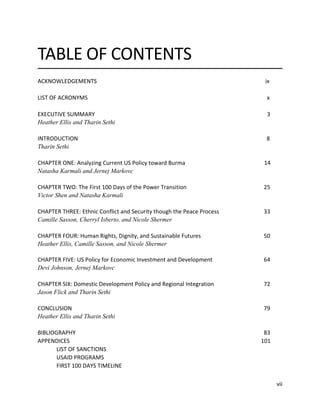 vii
TABLE OF CONTENTS
ACKNOWLEDGEMENTS ix
LIST OF ACRONYMS x
EXECUTIVE SUMMARY 3
Heather Ellis and Tharin Sethi
INTRODUCTION 8
Tharin Sethi
CHAPTER ONE: Analyzing Current US Policy toward Burma 14
Natasha Karmali and Jernej Markovc
CHAPTER TWO: The First 100 Days of the Power Transition 25
Victor Shen and Natasha Karmali
CHAPTER THREE: Ethnic Conflict and Security though the Peace Process 33
Camille Sasson, Cherryl Isberto, and Nicole Shermer
CHAPTER FOUR: Human Rights, Dignity, and Sustainable Futures 50
Heather Ellis, Camille Sasson, and Nicole Shermer
CHAPTER FIVE: US Policy for Economic Investment and Development 64
Devi Johnson, Jernej Markovc
CHAPTER SIX: Domestic Development Policy and Regional Integration 72
Jason Flick and Tharin Sethi
CONCLUSION 79
Heather Ellis and Tharin Sethi
BIBLIOGRAPHY 83
APPENDICES 101
LIST OF SANCTIONS
USAID PROGRAMS
FIRST 100 DAYS TIMELINE
 