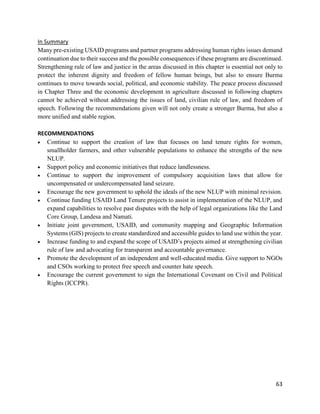63
In Summary
Many pre-existing USAID programs and partner programs addressing human rights issues demand
continuation due to their success and the possible consequences if these programs are discontinued.
Strengthening rule of law and justice in the areas discussed in this chapter is essential not only to
protect the inherent dignity and freedom of fellow human beings, but also to ensure Burma
continues to move towards social, political, and economic stability. The peace process discussed
in Chapter Three and the economic development in agriculture discussed in following chapters
cannot be achieved without addressing the issues of land, civilian rule of law, and freedom of
speech. Following the recommendations given will not only create a stronger Burma, but also a
more unified and stable region.
RECOMMENDATIONS
 Continue to support the creation of law that focuses on land tenure rights for women,
smallholder farmers, and other vulnerable populations to enhance the strengths of the new
NLUP.
 Support policy and economic initiatives that reduce landlessness.
 Continue to support the improvement of compulsory acquisition laws that allow for
uncompensated or undercompensated land seizure.
 Encourage the new government to uphold the ideals of the new NLUP with minimal revision.
 Continue funding USAID Land Tenure projects to assist in implementation of the NLUP, and
expand capabilities to resolve past disputes with the help of legal organizations like the Land
Core Group, Landesa and Namati.
 Initiate joint government, USAID, and community mapping and Geographic Information
Systems (GIS) projects to create standardized and accessible guides to land use within the year.
 Increase funding to and expand the scope of USAID’s projects aimed at strengthening civilian
rule of law and advocating for transparent and accountable governance.
 Promote the development of an independent and well-educated media. Give support to NGOs
and CSOs working to protect free speech and counter hate speech.
 Encourage the current government to sign the International Covenant on Civil and Political
Rights (ICCPR).
 