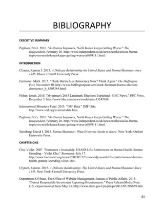 83
BIBLIOGRAPHY
EXECUTIVE SUMMARY
Popham, Peter. 2016. "As Burma Improves, North Korea Keeps Getting Worse." The
Independent, February 26. http://www.independent.co.uk/news/world/asia/as-burma-
improves-north-korea-keeps-getting-worse-a6899111.html.
INTRODUCTION
Clymer, Kenton J. 2015. A Delicate Relationship the United States and Burma/Myanmar since
1945. Ithaca: Cornell University Press.
Farmaner, Mark. 2015. "Think Burma Is a Democracy Now? Think Again." The Huffington
Post, November 10. http://www.huffingtonpost.com/mark-farmaner/burma-election-
democracy_b_8505384.html.
Fisher, Jonah. 2015. "Myanmar's 2015 Landmark Elections Explained - BBC News." BBC News,
December 3. http://www.bbc.com/news/world-asia-33547036.
International Monetary Fund. 2015. "IMF Data." IMF Data.
http://www.imf.org/external/data.htm.
Popham, Peter. 2016. "As Burma Improves, North Korea Keeps Getting Worse." The
Independent, February 26. http://www.independent.co.uk/news/world/asia/as-burma-
improves-north-korea-keeps-getting-worse-a6899111.html.
Steinberg, David I. 2013. Burma/Myanmar: What Everyone Needs to Know. New York: Oxford
University Press.
CHAPTER ONE
Cho, Violet. 2007. "Burmanet » Irrawaddy: USAID Lifts Restrictions on Burma Health Grantee
Spending – Violet Cho." Burmanet, July 17.
http://www.burmanet.org/news/2007/07/12/irrawaddy-usaid-lifts-restrictions-on-burma-
health-grantee-spending-violet-cho/.
Clymer, Kenton. 2015. A Delicate Relationship: The United States and Burma/Myanmar Since
1945. New York: Cornell University Press.
Department Of State. The Office of Website Management, Bureau of Public Affairs. 2013.
“Burma Responsible Investment Reporting Requirements.” Press Release|Media Note.
U.S. Department of State.May 23. http://www.state.gov/r/pa/prs/ps/2013/05/209869.htm.
 