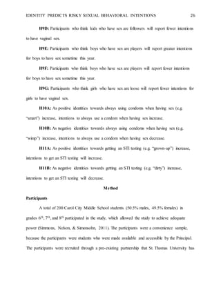 IDENTITY PREDICTS RISKY SEXUAL BEHAVIORAL INTENTIONS 26
H9D: Participants who think kids who have sex are followers will report fewer intentions
to have vaginal sex.
H9E: Participants who think boys who have sex are players will report greater intentions
for boys to have sex sometime this year.
H9F: Participants who think boys who have sex are players will report fewer intentions
for boys to have sex sometime this year.
H9G: Participants who think girls who have sex are loose will report fewer intentions for
girls to have vaginal sex.
H10A: As positive identities towards always using condoms when having sex (e.g.
“smart”) increase, intentions to always use a condom when having sex increase.
H10B: As negative identities towards always using condoms when having sex (e.g.
“wimp”) increase, intentions to always use a condom when having sex decrease.
H11A: As positive identities towards getting an STI testing (e.g. “grown-up”) increase,
intentions to get an STI testing will increase.
H11B: As negative identities towards getting an STI testing (e.g. “dirty”) increase,
intentions to get an STI testing will decrease.
Method
Participants
A total of 200 Carol City Middle School students (50.5% males, 49.5% females) in
grades 6th, 7th, and 8th participated in the study, which allowed the study to achieve adequate
power (Simmons, Nelson, & Simonsohn, 2011). The participants were a convenience sample,
because the participants were students who were made available and accessible by the Principal.
The participants were recruited through a pre-existing partnership that St. Thomas University has
 