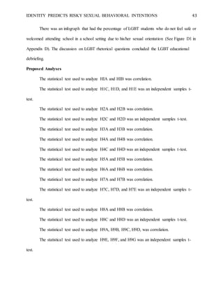IDENTITY PREDICTS RISKY SEXUAL BEHAVIORAL INTENTIONS 43
There was an infograph that had the percentage of LGBT students who do not feel safe or
welcomed attending school in a school setting due to his/her sexual orientation (See Figure D1 in
Appendix D). The discussion on LGBT rhetorical questions concluded the LGBT educational
debriefing.
Proposed Analyses
The statistical test used to analyze HIA and HIB was correlation.
The statistical test used to analyze H1C, H1D, and H1E was an independent samples t-
test.
The statistical test used to analyze H2A and H2B was correlation.
The statistical test used to analyze H2C and H2D was an independent samples t-test.
The statistical test used to analyze H3A and H3B was correlation.
The statistical test used to analyze H4A and H4B was correlation.
The statistical test used to analyze H4C and H4D was an independent samples t-test.
The statistical test used to analyze H5A and H5B was correlation.
The statistical test used to analyze H6A and H6B was correlation.
The statistical test used to analyze H7A and H7B was correlation.
The statistical test used to analyze H7C, H7D, and H7E was an independent samples t-
test.
The statistical test used to analyze H8A and H8B was correlation.
The statistical test used to analyze H8C and H8D was an independent samples t-test.
The statistical test used to analyze H9A, H9B, H9C, H9D, was correlation.
The statistical test used to analyze H9E, H9F, and H9G was an independent samples t-
test.
 