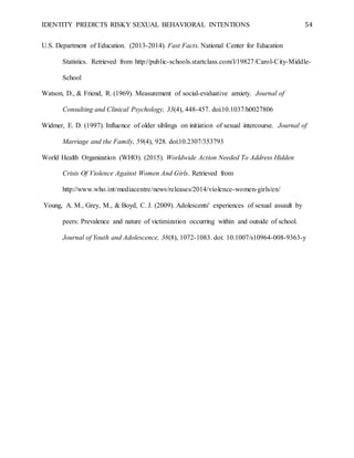IDENTITY PREDICTS RISKY SEXUAL BEHAVIORAL INTENTIONS 54
U.S. Department of Education. (2013-2014). Fast Facts. National Center for Education
Statistics. Retrieved from http://public-schools.startclass.com/l/19827/Carol-City-Middle-
School
Watson, D., & Friend, R. (1969). Measurement of social-evaluative anxiety. Journal of
Consulting and Clinical Psychology, 33(4), 448-457. doi:10.1037/h0027806
Widmer, E. D. (1997). Influence of older siblings on initiation of sexual intercourse. Journal of
Marriage and the Family, 59(4), 928. doi:10.2307/353793
World Health Organization (WHO). (2015). Worldwide Action Needed To Address Hidden
Crisis Of Violence Against Women And Girls. Retrieved from
http://www.who.int/mediacentre/news/releases/2014/violence-women-girls/en/
Young, A. M., Grey, M., & Boyd, C. J. (2009). Adolescents' experiences of sexual assault by
peers: Prevalence and nature of victimization occurring within and outside of school.
Journal of Youth and Adolescence, 38(8), 1072-1083. doi: 10.1007/s10964-008-9363-y
 