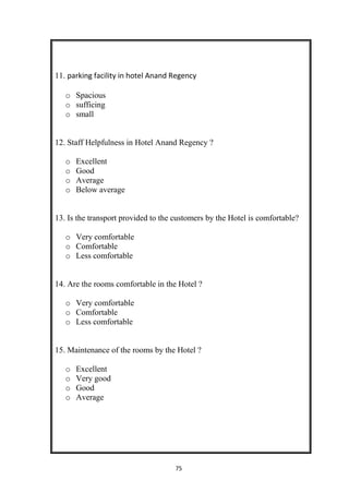 75
11. parking facility in hotel Anand Regency
o Spacious
o sufficing
o small
12. Staff Helpfulness in Hotel Anand Regency ?
o Excellent
o Good
o Average
o Below average
13. Is the transport provided to the customers by the Hotel is comfortable?
o Very comfortable
o Comfortable
o Less comfortable
14. Are the rooms comfortable in the Hotel ?
o Very comfortable
o Comfortable
o Less comfortable
15. Maintenance of the rooms by the Hotel ?
o Excellent
o Very good
o Good
o Average
 