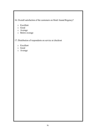 76
16. Overall satisfaction of the customers on Hotel Anand Regency?
o Excellent
o Good
o Average
o Below average
17. Distribution of respondents on service at checkout
o Excellent
o Good
o Average
 