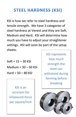 KSI is how we refer to steel hardness and
tensile strength. We have 3 categories of
steel hardness at Venest and they are Soft,
Medium and Hard. KSI will determine how
much you have to adjust your straightener
settings. KSI will soon be part of the setup
sheets.
Soft = 15 – 30 KSI
Medium = 30 – 50 KSI
Hard = 50 – 80 KSI
KSI is an
acronym for
kilopound-force
per square/inch
KSI represents
how much
strength the
steel can
withstand during
forming before
breaking
 