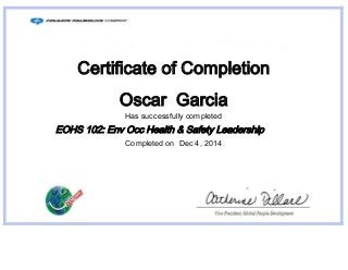 Certificate of Completion
Oscar Garcia
Has successfully completed
EOHS 102: Env Occ Health & Safety Leadership
Completed on Dec 4, 2014
 