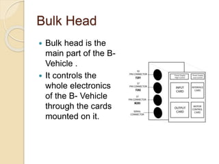 Bulk Head
 Bulk head is the
main part of the B-
Vehicle .
 It controls the
whole electronics
of the B- Vehicle
through the cards
mounted on it.
 