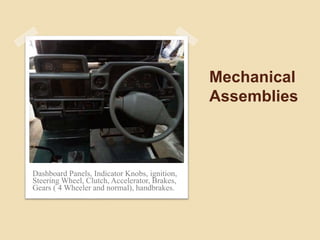 Mechanical
Assemblies
Dashboard Panels, Indicator Knobs, ignition,
Steering Wheel, Clutch, Accelerator, Brakes,
Gears ( 4 Wheeler and normal), handbrakes.
 