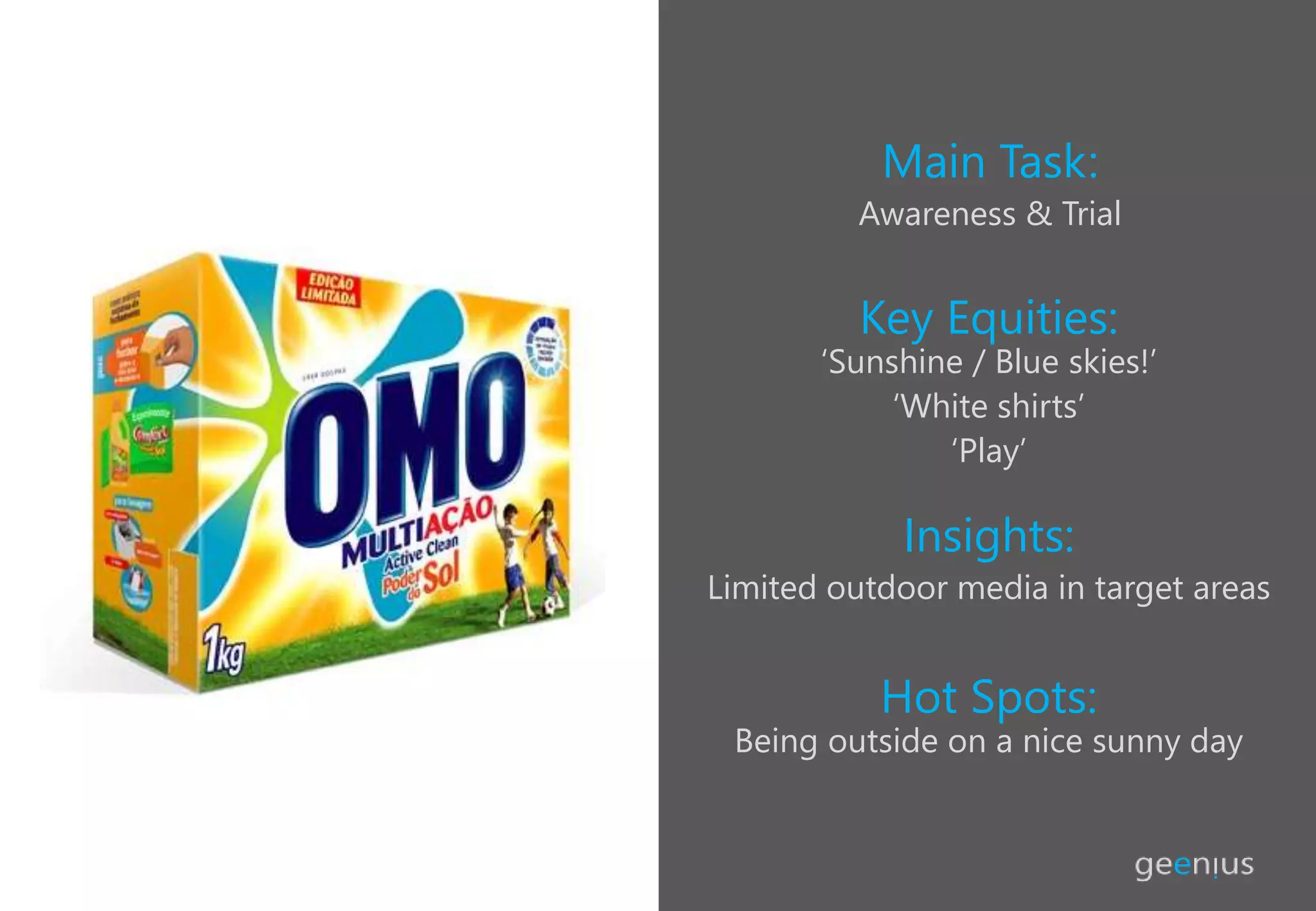Main Task:
Awareness & Trial
Hot Spots:
Being outside on a nice sunny day
Insights:
Limited outdoor media in target areas
Key Equities:
‘Sunshine / Blue skies!’
‘White shirts’
‘Play’
 