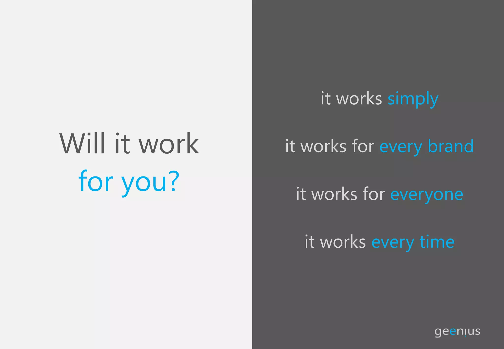 it works simply
it works for every brand
it works for everyone
it works every time
Will it work
for you?
 