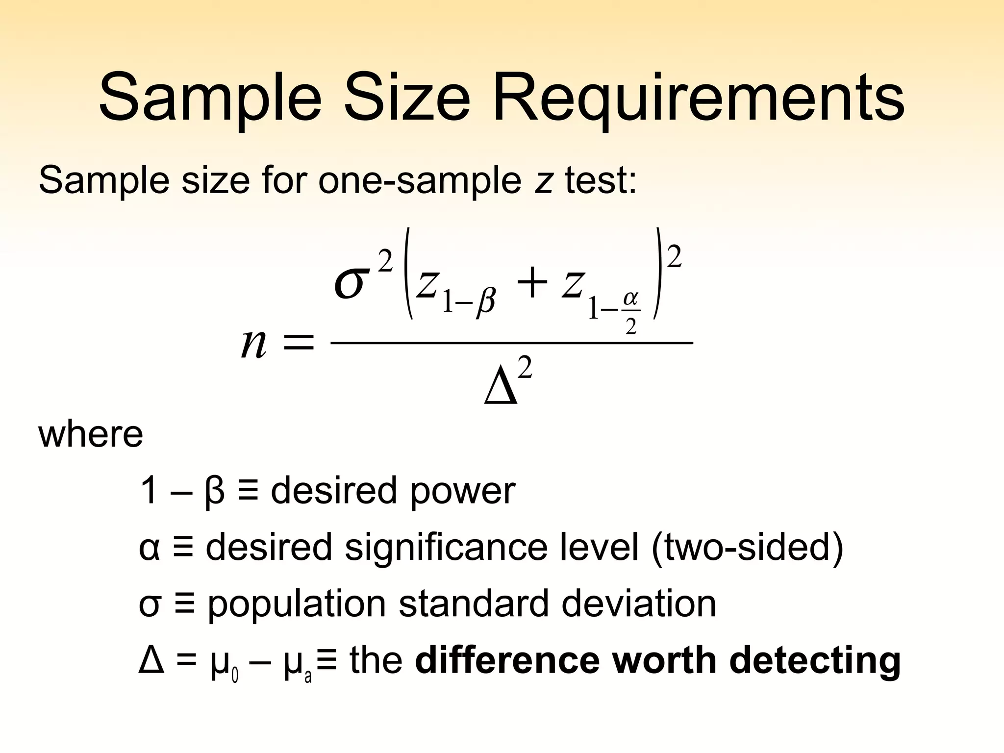 Sample Size Requirements
Sample size for one-sample z test:
where
1 – β ≡ desired power
α ≡ desired significance level (two-sided)
σ ≡ population standard deviation
Δ = μ0 – μa ≡ the difference worth detecting
( )
2
2
11
2
2
∆
+
=
−− αβσ zz
n
 