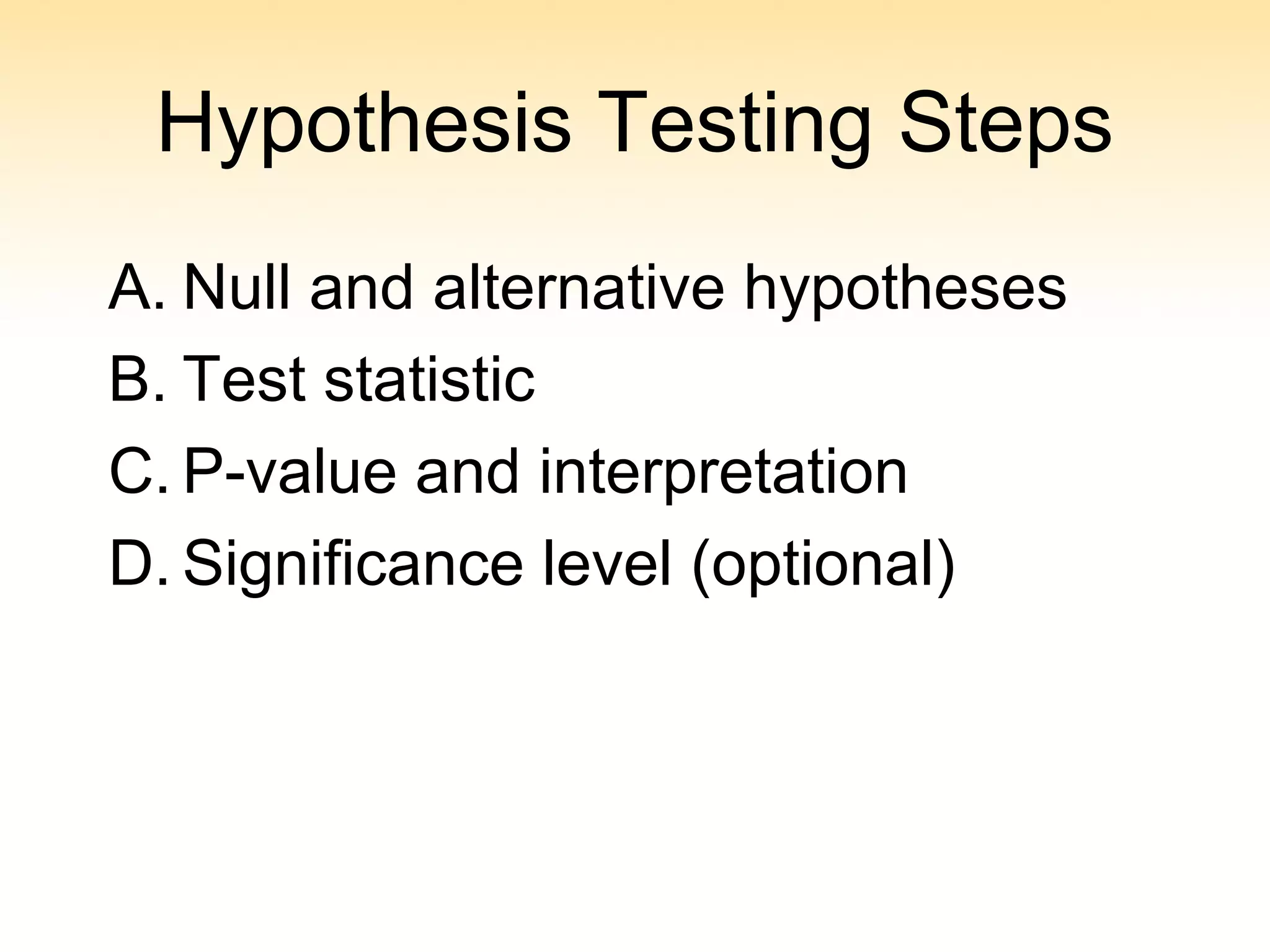 Hypothesis Testing Steps
A. Null and alternative hypotheses
B. Test statistic
C. P-value and interpretation
D. Significance level (optional)
 