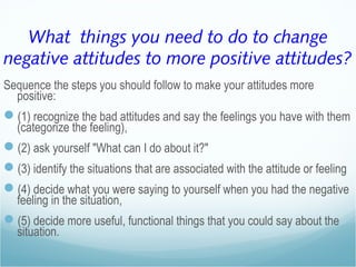 What things you need to do to change
negative attitudes to more positive attitudes?
Sequence the steps you should follow to make your attitudes more
positive:
(1) recognize the bad attitudes and say the feelings you have with them
(categorize the feeling),
(2) ask yourself "What can I do about it?"
(3) identify the situations that are associated with the attitude or feeling
(4) decide what you were saying to yourself when you had the negative
feeling in the situation,
(5) decide more useful, functional things that you could say about the
situation.
 