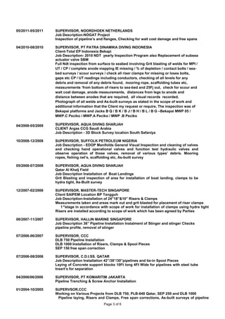 05/2011-05/2011 SUPERVISOR, NOORDHOEK NETHERLANDS
Job Description-NOGAT Project
Inspection of pipeline’s and flanges, Checking for wait cost damage and free spans
04/2010-08/2010
04/2008-05/2009
SUPERVISOR, PT PATRA DINAMIKA DIVING INDONESIA
Client-Total EP Indonesia Bekapi
Job Description- 2010 NDT yearly Inspection Program also Replacement of subsea
actuator valve SBM
Full Ndt inspection from surface to seabed involving Grit blasting of welds for MPI /
UT / CP / complete anode mapping IE missing / % of depletion / contact bolts / sea-
bed surveys / scour surveys / check all riser clamps for missing or loses bolts,
gaps etc CP / UT readings including conductors, checking of all levels for any
debris and removal of any debris found, mooring rope, scaffolding tubes etc,
measurements ‘from bottom of risers to sea-bed and 25Fj out, check for scour and
wait coat damage, anode measurements, distances from legs to anode and
distance between anodes that are required, all visual records recorded,
Photograph of all welds and As-built surveys as stated in the scope of work and
additional information that the Client my request or require, The inspection was of
Bekapai platforms and Jacks B Q / B K / B J / B H / B L / B G –Bekapai MWP 05 /
MWP.C Peciko / MWP.A Peciko / MWP .B Peciko
SUPERVISOR, AQUA DIVING SHARJAH
CLIENT Argas CCG Saudi Arabia
Job Description - 3D Block Survey location South Safaniya
10/2008-12/2008 SUPERVISOR, SUFFOLK PETROLEUM NIGERIA
Job Description - EDOP Manifolds General Visual Inspection and cleaning of valves
and checking hand operational valves and function test hydraulic valves and
observe operation of those valves, removal of various types’ debris. Mooring
ropes, fishing net’s, scaffolding etc, As-built survey
05/2008-07/2008
12/2007-02/2008
SUPERVISOR, AQUA DIVING SHARJAH
Qatar Al Khalj Field
Job Description Installation of Boat Landings
Grit Blasting and inspection of area for installation of boat landing, clamps to be
hydra tight, As-Built survey
SUPERVISOR, MASTER-TECH SINGAPORE
Client SAIPEM Location BP Tangguh
Job Description-Installation of 24”18”&10” Risers & Clamps
Measurements taken and areas mark out and grit blasted for placement of riser clamps
1st
stage in accordance with scope of work for installation of clamps using hydra tight
Risers are installed according to scope of work which has been agreed by Parties
08/2007-11/2007 SUPERVISOR, HALLIN MARINE SINGAPORE
Job Description 36” Pipeline Installation Instalment of Stinger and stinger Checks
pipeline profile, removal of stinger
07/2006-06/2007 SUPERVISOR, CCC
DLB 750 Pipeline Installation
DLB 1000 Installation of Risers, Clamps & Spool Pieces
SEP 150 free span correction
07/2006-08/2006
04/2006/06/2006
SUPERVISOR, C.D.I.SS. QATAR
Job Description Installation 42”/38”/30”pipelines and tie-in Spool Pieces
Laying of Concrete support blocks 10Ft long 4Ft Wide for pipelines with steel tube
Insert’s for separation
SUPERVISOR, PT KOMARITIM JAKARTA
Pipeline Trenching & Screw Anchor Installation
01/2004-10/2005 SUPERVSOR,CCC
Working on Various Projects from DLB 750, PLB-648 Qatar, SEP 250 and DLB 1000
Pipeline laying, Risers and Clamps, Free span corrections, As-built surveys of pipeline
Page 3 of 6
 