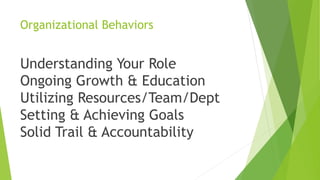 Organizational Behaviors
Understanding Your Role
Ongoing Growth & Education
Utilizing Resources/Team/Dept
Setting & Achieving Goals
Solid Trail & Accountability
 