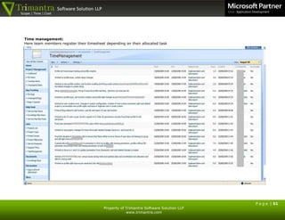 P a g e | 51
Property of Trimantra Software Solution LLP
www.trimantra.com
P a g e | 51
Property of Trimantra Software Solution LLP
www.trimantra.com
Time management:
Here team members register their timesheet depending on their allocated task
 