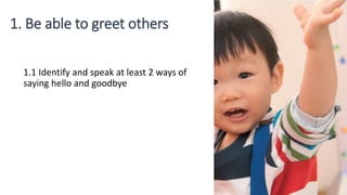 1. Be able to greet others
1.1 Identify and speak at least 2 ways of
saying hello and goodbye
 
