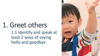 1. Greet others
1.1 Identify and speak at
least 2 ways of saying
hello and goodbye
 