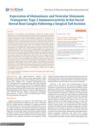 Pharmacy & Pharmacology International Journal
Expression of Glutaminase and Vesicular Glutamate
Transporter Type 2 Immunoreactivity in Rat Sacral
Dorsal Root Ganglia Following a Surgical Tail Incision
Volume 2 Issue 3 - 2015
Heith A Crosby1
*, Michael Ihnat2
, Diana
Spencer3
and Kenneth E Miller1
1
Department of Anatomy and Cell Biology, Oklahoma State
University-Center for Health Sciences, USA
2
Department of Pharmaceutical Sciences, University of
Oklahoma-Health Sciences Center, USA
3
Department of Biotechnology, Tulsa Community College, USA
*Corresponding author: Heith A Crosby, Oklahoma State
University-Center for Health Sciences, Department of
Anatomy and Cell Biology, 1111 West 17th
Street Tulsa,
Oklahoma 74107, USA, Tel: 918.561.5817; Email:
Received: February 26, 2015 | Published: June 16, 2015
Abstract
Glutamate is an excitatory neurotransmitter, released by primary sensory
peripheral nerve and spinal synaptic terminals during nociceptive (pain) signaling.
The primary source of neurotransmitter, glutamate, is provided from its synthetic
enzyme, glutaminase (GLS). Neurotransmitter glutamate is packaged into
synaptic vesicles in nociceptive neurons by the vesicular glutamate transporter
2 (VGluT2). Little is known, however, what effect a surgical incision has on GLS
and VGluT2 in primary afferent neurons. In this study, an aseptic, midline incision
in the proximal one-third of the rat-tail was examined to determine whether
sacral dorsal root ganglia innervate the area of surgical incision, utilizing the
retrograde tracer Fluoro-Gold™. Subsequently, the amount of VGluT2 and GLS
immunoreactivity (IR) in sacral dorsal root ganglia (DRG) was evaluated using
immunofluorescence with image analysis and Western immunoblotting with
density analysis. GLS messenger RNA (mRNA) changes were evaluated using real-
time reverse transcriptase polymerase chain reaction (RT2
-PCR). Our findings
revealed that sacral-1 (S1
) DRG neurons innervate the area of surgical incision.
Both GLS and VGluT2-ir are elevated post-surgical incision in S1
DRG neurons
for up to 72 hours, while GLS mRNA levels rapidly decreased post-incision and
remain depressed for at least 96 hours. Following a surgical incision of the tail,
sacral DRGs rapidly deplete their available supply of GLS mRNA and alter their
production of the synthetic enzyme, GLS and the vesicular transporter, VGluT2.
The rapid use of GLS mRNA and subsequent elevation of GLS protein, along with
VGluT2 protein may result in both increased glutamate production and release
at peripheral and central processes contributing to primary and secondary
sensitization, respectively.
Keywords: Glutaminase; Glutamate; Incision; Post-surgical pain; VGluT2; DRG;
Pain; mRNA; PPP; GLS
Submit Manuscript | http://medcraveonline.com Pharm Pharmacol Int J 2015, 2(3): 00023
Abbreviations: AIA: Adjuvant-induced Arthritis; BCA:
Bicinchonic Acid; BDNF: Brain Derived Neurotrophic Factor;
CCD: Charge-Coupled Device; DEP: Diethylpyrocarbonate; DRG:
Dorsal Root Ganglion; ECL: Enhanced Chemiluminescence;
GLS: Glutaminase; IR: Immunoreactivity; MGI: Mean Grayscale
Intensity; NGF: Nerve Growth Factor; PBS: Phosphate Buffered
Saline; PBS-T: Phosphate Buffered Saline with Triton X-100; pH-
RE: pH-response Element; PPP: Persistent Post-surgical Pain; PVP:
Polyvinylpyrollidone; ROI: Regions of Interest; RNA: Ribonucleic
Acid; RT2
-PCR: Real-time Reverse Transcriptase Polymerase
Chain Reaction; S1
: Sacral 1; TBS: Tris-buffered Saline; VGluT2:
Vesicular Glutamate Transporter 2
Introduction
Surgical procedures are common in the United States with
estimates at greater than 45 million per year and it is estimated
that the average American undergoes 9.2 surgical procedures
in his/her lifetime [1]. A serious clinical problem that can occur
as a result of surgery is the condition of persistent postsurgical
pain (PPP). This has been described and defined as pain that lasts
longer than 3 months after surgery. This chronic painful condition
can affect as much as 50% of surgical patients, with up to 10% of
the patients rating the pain as moderate to severe. Several surgical
procedures (e.g., inguinal herniotomy, leg amputation, breast
surgery and thoracotomy) have well documented persistent pain
syndromes [2]. The need to understand the underlying molecular
neurobiology after a surgical procedure is necessary in hopes of
identifying future pharmacological and treatment modalities.
Glutamate is the amino acid neurotransmitter used by
primary sensory neurons of the dorsal root ganglion (DRG).
Glutamate is produced by the mitochondrial metabolic enzyme,
glutaminase (GLS) via the hydrolytic deamination of glutamine.
Once produced, glutamate is packaged into synaptic vesicles by
vesicular glutamate transporter 2 (VGluT2) and released from
peripheral nerve terminals and spinal synaptic terminals during
nociceptive signaling [3]. GLS is elevated in both the cytoplasm
and mitochondria of primary afferent sensory neurons in the
adjuvant-induced arthritis (AIA) model in the rat. GLS first
appears elevated in the DRG cytoplasm between 1-2 days AIA
followed by an increase in the mitochondria between 2-4 days.
Enzyme activity, protein and immunoreactivity (IR) remained
elevated in the DRG neuronal cell bodies through days 2-8. GLS in
peripheral nerve terminals in skin also are elevated during AIA.
This elevation of GLS enzyme allows sensory nerves in the skin
to produce increased amounts of glutamate during inflammation.
Elevated glutamate production and release from sensory
nerves contributes, in part, to the enhanced pain sensitivities
of inflammation and helps maintain primary hyperalgesia [4,5].
Research Article
 