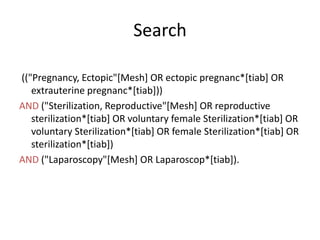 Search
(("Pregnancy, Ectopic"[Mesh] OR ectopic pregnanc*[tiab] OR
extrauterine pregnanc*[tiab]))
AND ("Sterilization, Reproductive"[Mesh] OR reproductive
sterilization*[tiab] OR voluntary female Sterilization*[tiab] OR
voluntary Sterilization*[tiab] OR female Sterilization*[tiab] OR
sterilization*[tiab])
AND ("Laparoscopy"[Mesh] OR Laparoscop*[tiab]).
 