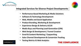 • Performance Based Marketing & Media Solutions
• Software & Technology Development
• Web, Mobile and Social Application
• Product Branding, Marketing & Development
• Experience Design & Delivery UI/UX
• Media Buys and Planning Lead Generation (CPA)
• Web Design & Development / Funnel Creation
• Email & Content Marketing / Copywriting
• Sales Channel Development & Conversion Tracking
• Testing Metrics & Web Analytics
Integrated Services for Diverse Project Developments
 