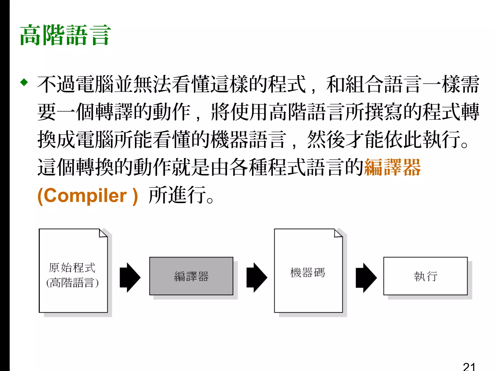 高階語言
 不過電腦並無法看懂這樣的程式 , 和組合語言一樣需
要一個轉譯的動作 , 將使用高階語言所撰寫的程式轉
換成電腦所能看懂的機器語言 , 然後才能依此執行。
這個轉換的動作就是由各種程式語言的編譯器
(Compiler ) 所進行。

 